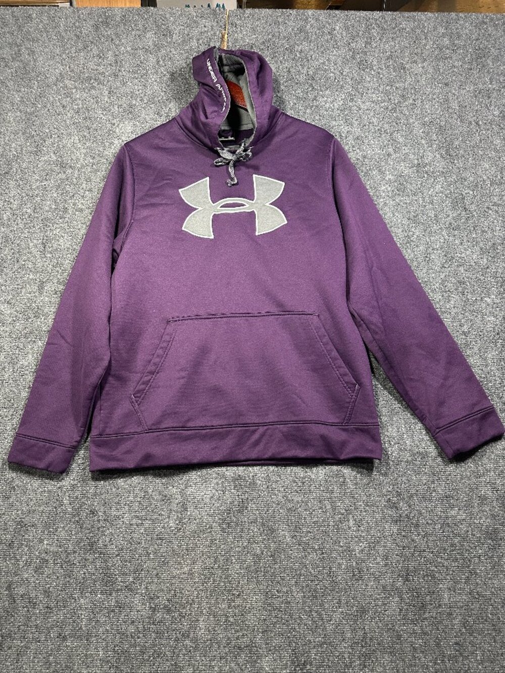 Under Armour Hoodie Womens Medium Purple Gray Logo Kangaroo Pocket Tie Hood
